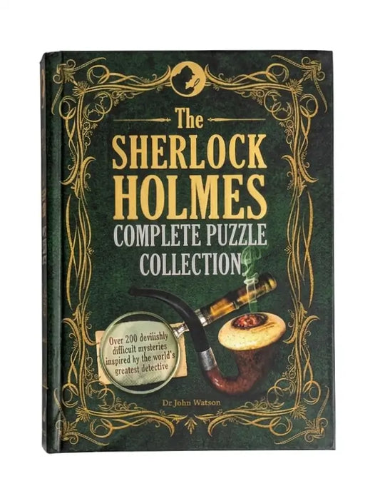 The Sherlock Holmes Complete Puzzle Collection book by Dr. John Watson, featuring a dark green cover with ornate gold borders, gold and white lettering, and an illustration of a smoking pipe and a bowl of tea.