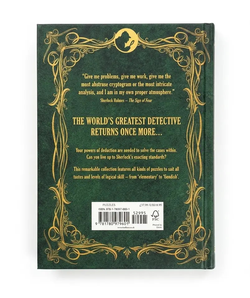 The back cover of a book featuring a dark green background with ornate gold decorative borders and gold text. A white barcode label is visible at the bottom.