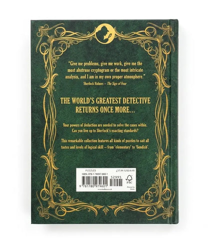 The back cover of a book featuring a dark green background with ornate gold decorative borders and gold text. A white barcode label is visible at the bottom.