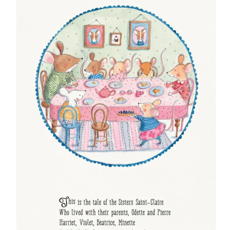 Illustration of a bear and a teddy bear looking out of a window at night with a stormy sky.