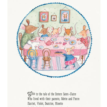 Illustration of a bear and a teddy bear looking out of a window at night with a stormy sky.