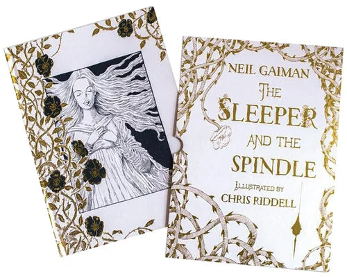 Book titled 'The Sleeper and the Spindle' by Neil Gaiman with decorative cover design.
