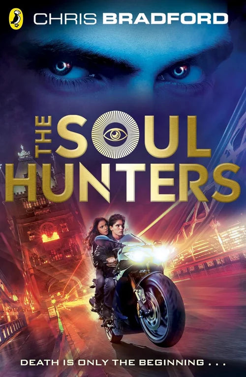 Book cover of 'The Soul Hunters' by Chris Bradford featuring a motorcycle and two people against a futuristic cityscape.