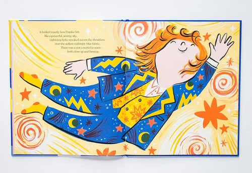 Illustration of a child in a blue outfit with stars and planets on a yellow background