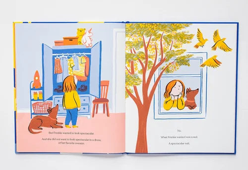 Illustrated book open to two pages showing a child in a room and through a window with birds.