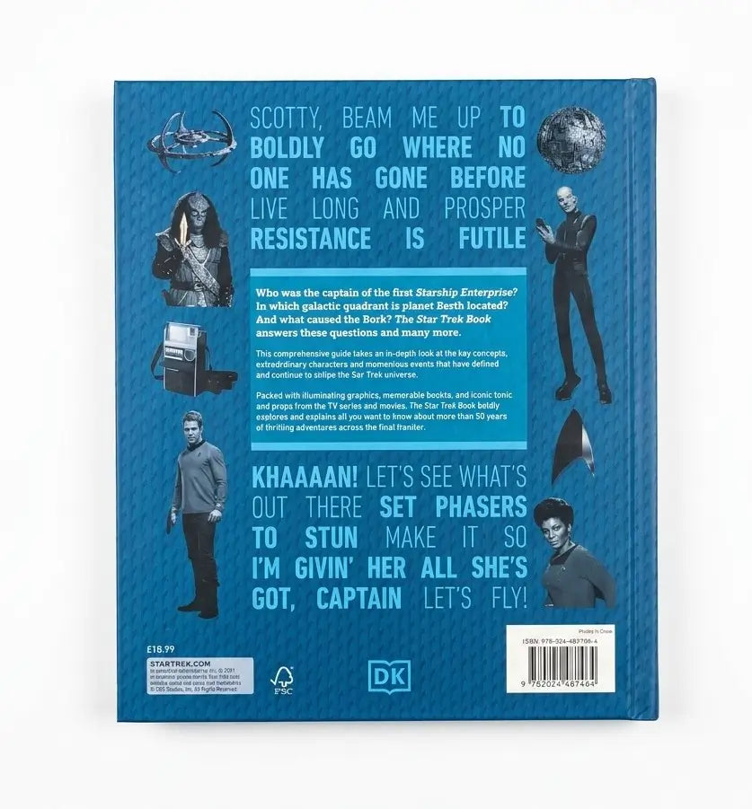 The back cover of the Star Trek: Scotty Trink Book, featuring a textured blue background with white text, illustrations of Scotty Smootie, and character graphics from Star Trek.