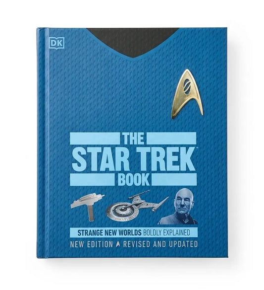 The Star Trek Book hardcover edition by DK, featuring a blue book cover designed like the Star Trek uniform with a gold delta insignia, white and light blue text, and small illustrations of starships.