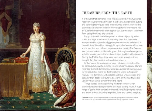Woman in a white dress standing next to a throne with text on the right side.