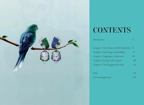 Book cover with a parrot and diamond earrings on a branch, featuring a table of contents.