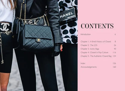 Person holding a black quilted handbag with Chanel branding, next to a pink book cover with 'Contents' of a Chanel book.