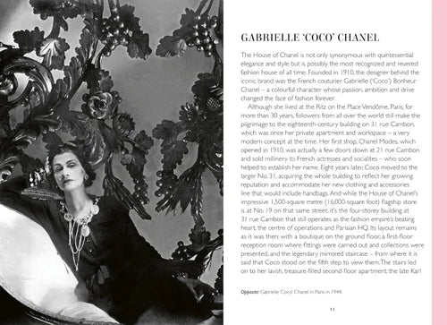 Black and white portrait of a woman with text about Coco Chanel on the right.