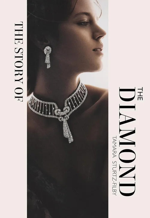Woman wearing a diamond necklace and earrings with text 'The Story of the Diamond' by Tanara Sturtzfrib.