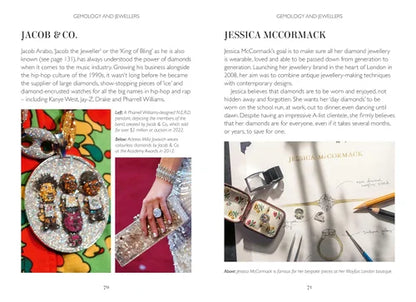 Page from a book or magazine featuring jewelry and a hand holding a clutch.
