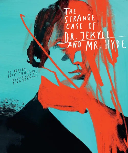 Book cover of 'The Strange Case of Dr. Jekyll and Mr. Hyde' with a stylized illustration of a face.