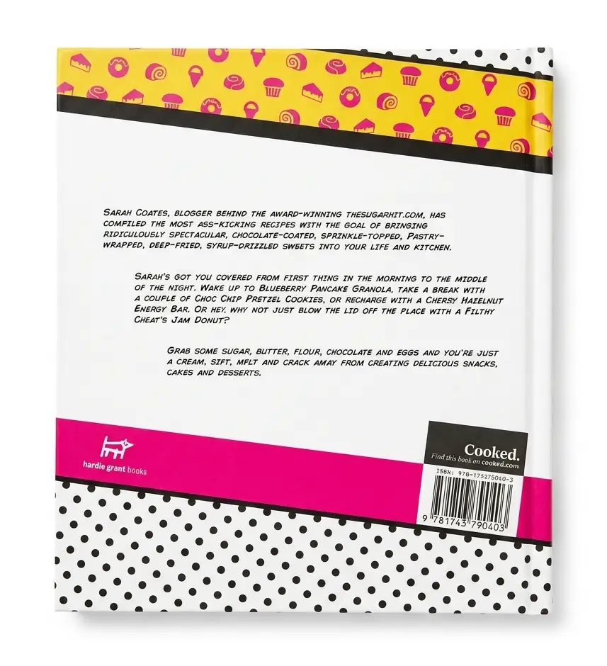 The back cover of a book titled 'Hard to Gast Bakes' by Sarah Cleaver, featuring a white background with black polka dots, a yellow header with pink swirls, and a bright pink band at the bottom.