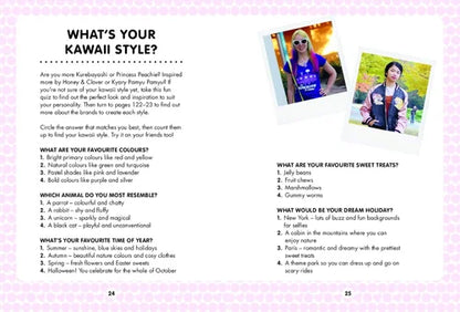 Kawaii style quiz with photos and text on a pink background