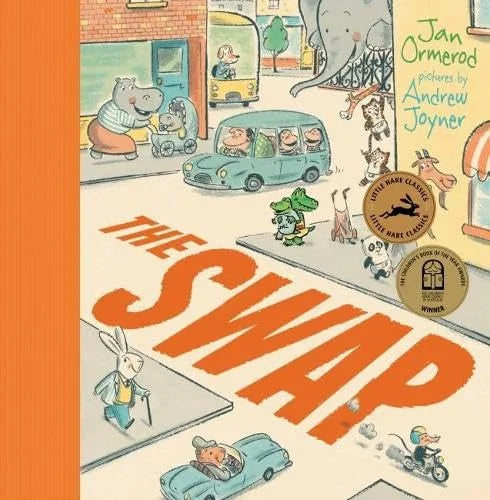 Book cover of 'The Swap' with cartoon characters and vehicles on a city street.