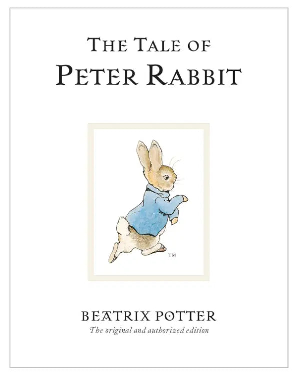 Book cover of 'The Tale of Peter Rabbit' by Beatrix Potter with a illustration of Peter Rabbit.