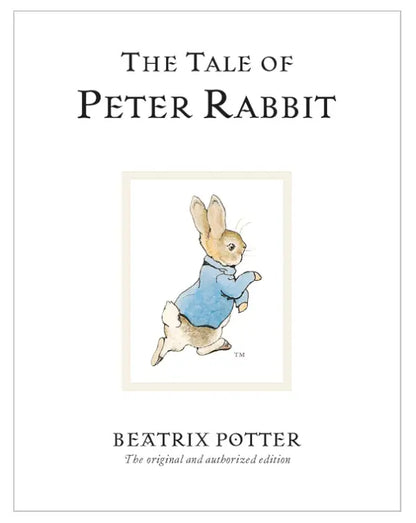 Book cover of 'The Tale of Peter Rabbit' by Beatrix Potter with a illustration of Peter Rabbit.