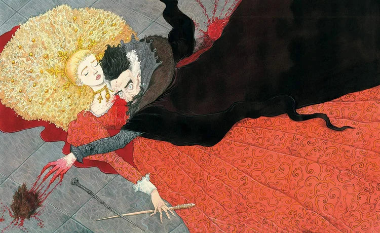 Artistic depiction of a woman with a large head and flowing hair, lying on a red surface with a dark figure and a sword nearby.
