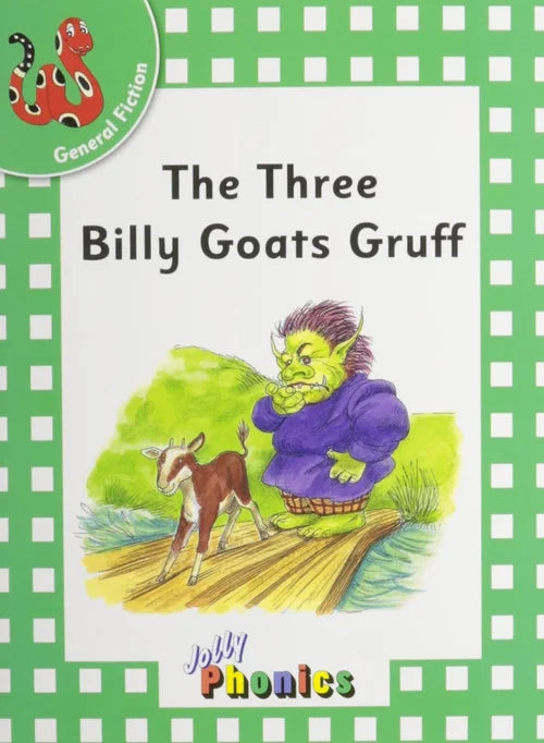 Book cover of 'The Three Billy Goats Gruff' with a green checkered border and illustration of a troll and goat.