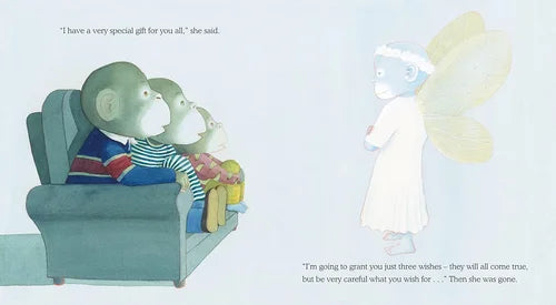 Illustration of two children sitting on a couch with an angel standing nearby, set against a light blue background.