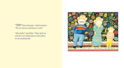 Illustration of a family on a rug with text on a yellow background