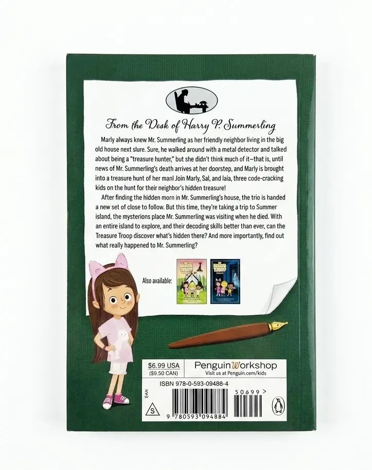 Back cover of the children's book 'From the Risk of Harry Potter Summering' by Penguin Workshop, featuring a dark green background, white text, a cartoon illustration of a girl with a pink hat, and a torn-page effect showing a preview of the inside illustration.