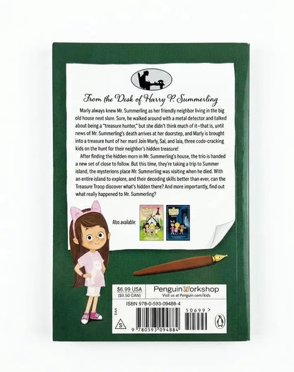 Back cover of the children's book 'From the Risk of Harry Potter Summering' by Penguin Workshop, featuring a dark green background, white text, a cartoon illustration of a girl with a pink hat, and a torn-page effect showing a preview of the inside illustration.
