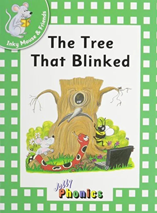 Book cover of 'The Tree That Blinked' with a cartoon tree and animals on a green checkered background.