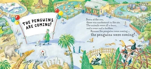 Illustrated book page with penguins and animals in a zoo setting