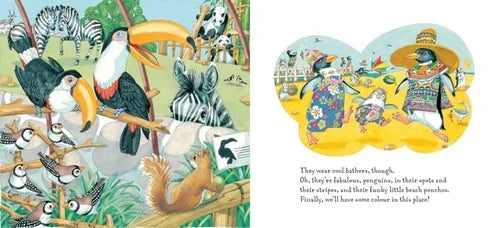 Illustrated book pages with animals and text, featuring a toucan, zebra, penguins, and a fox.