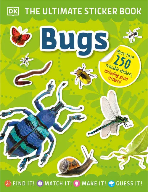 Sticker book cover with various insects and stickers on a green background
