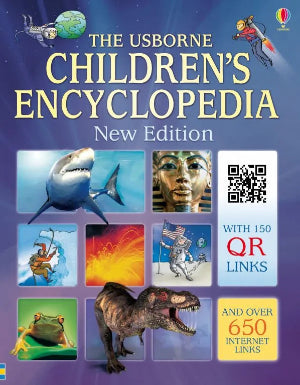 Cover of 'The Usborne Children's Encyclopedia' with images and text on a blue background