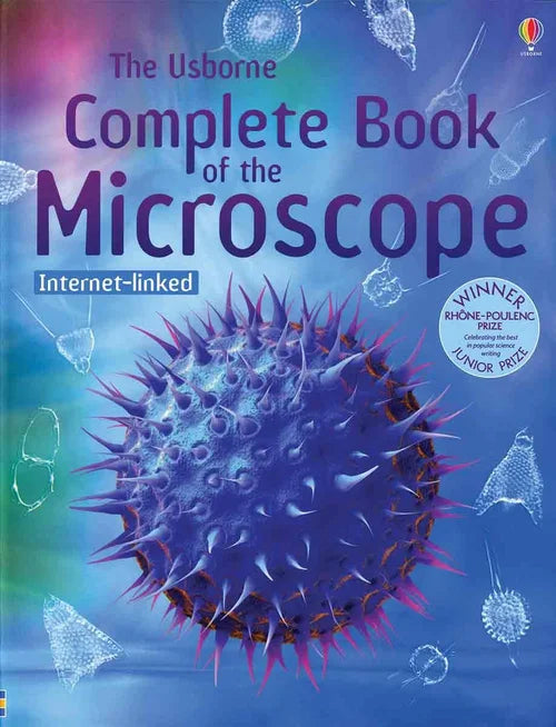 Book cover of 'The Usborne Complete Book of the Microscope' with a microscopic image on a blue background.