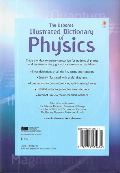 Back cover of 'The Usborne Illustrated Dictionary of Physics' with text and a barcode.