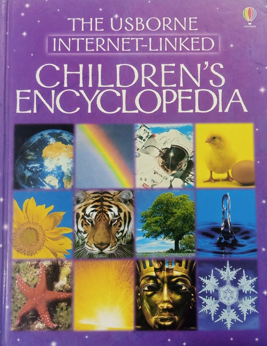 Cover of 'The Usborne Internet-Linked Children's Encyclopedia' featuring a grid of colorful images including a rainbow, a tiger, a sunflower, a tree, a face, and a snowflake.