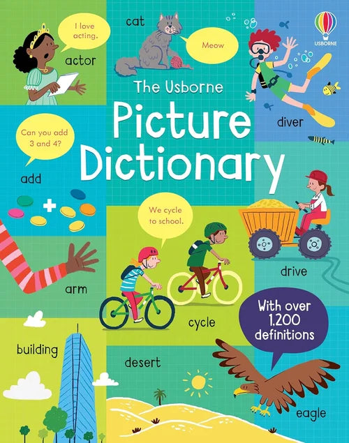 Cover of 'The Usborne Picture Dictionary' with colorful illustrations and text.
