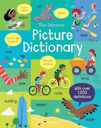 Cover of 'The Usborne Picture Dictionary' with colorful illustrations and text.
