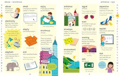 Educational children's book page with illustrations and text on various topics.