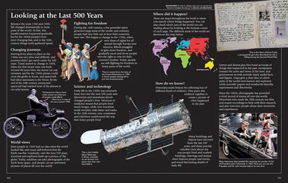 Page from a book or magazine about historical events and advancements over the last 500 years, featuring text, images of people, and a telescope.