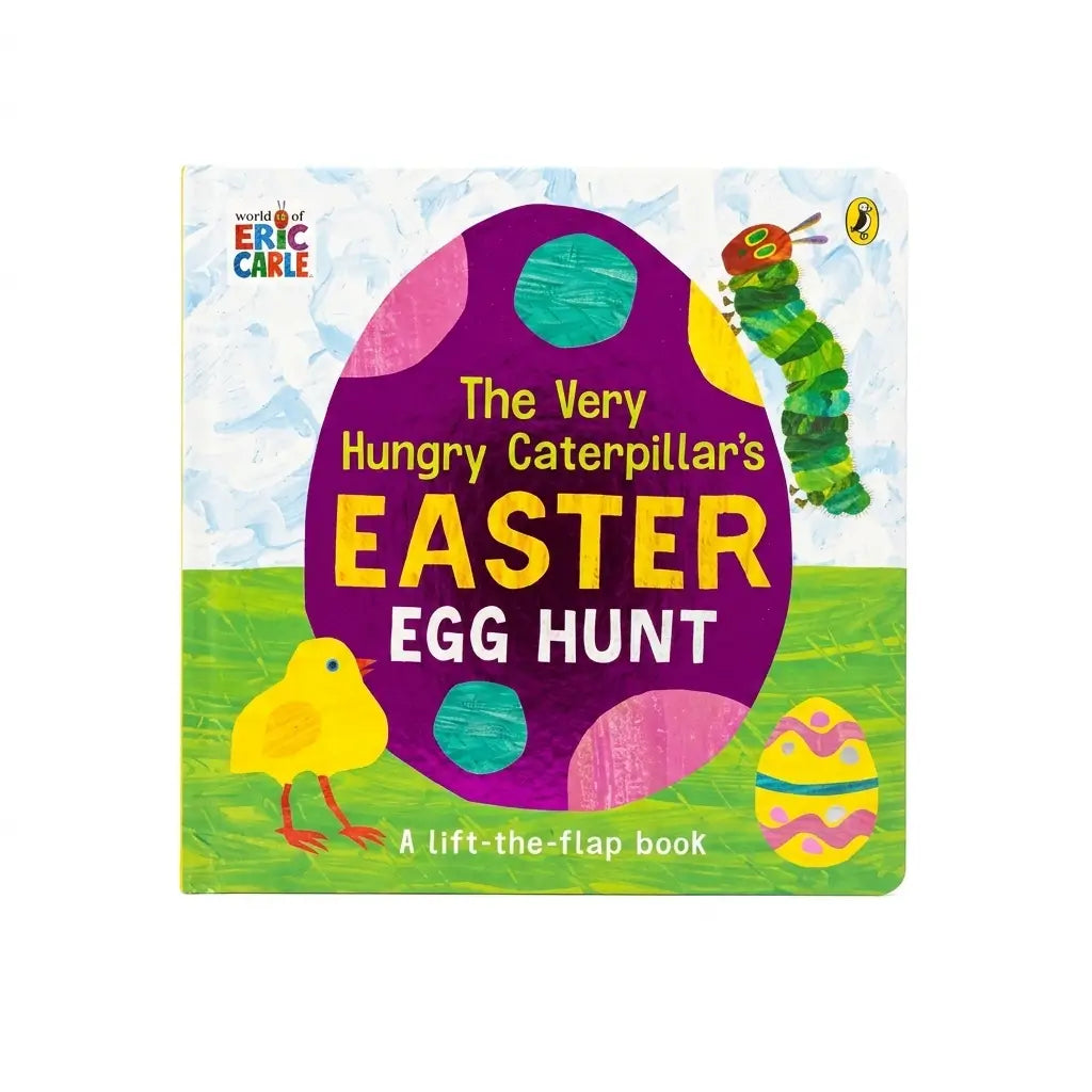 The Very Hungry Caterpillar's Easter Egg Hunt lift-the-flap board book by Eric Carle, featuring a colorful cover with a purple egg, yellow chick, green caterpillar, and green grassy background.