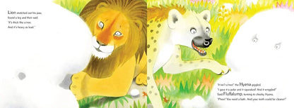 Illustration of a lion and a hyena in a jungle setting with text.
