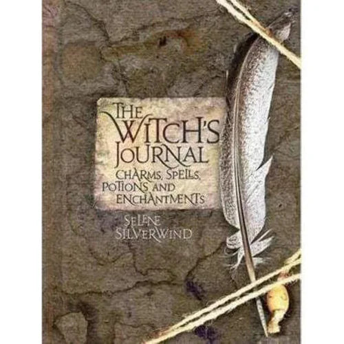 Book cover of 'The Witch's Journal' with a feather and stone texture