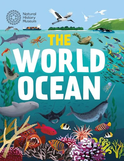 Book cover of 'The World Ocean' with illustrations of marine life and the Natural History Museum logo.