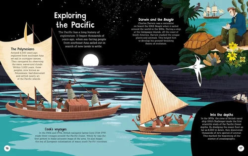 Illustrated book page about exploring the Pacific with ships and people on a dark ocean.