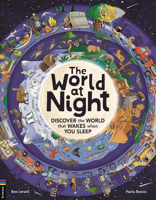 Book cover of 'The World at Night' with illustrations of various activities and landscapes.