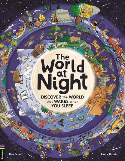 Book cover of 'The World at Night' with illustrations of various activities and landscapes.