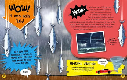 Educational illustration about fish rain with text and graphics on a wooden background