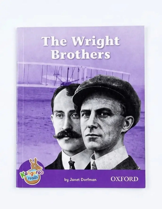 A children's book titled "The Wright Brothers" by Janet Dorfman, published by Oxford. The book cover features a purple background with a black-and-white historical photograph of the Wright brothers and a vintage airplane.